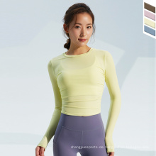 Hot Sale Activewear Top Leichte Tops Fitness Mujer Atmungsaktives Spandex Seiten Kordel -Yoga -Hemd Langarm